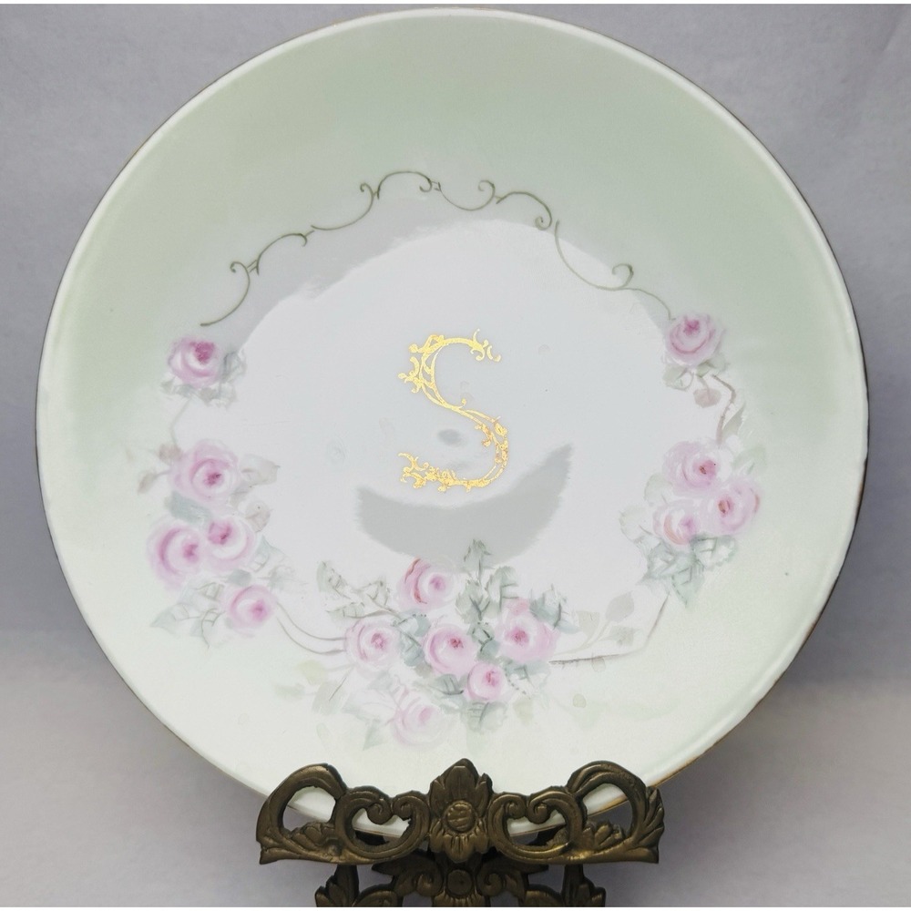 JPL France 8 1/2" Plate "S" Initial Light Green‎ Floral Print Gold Trim 1902